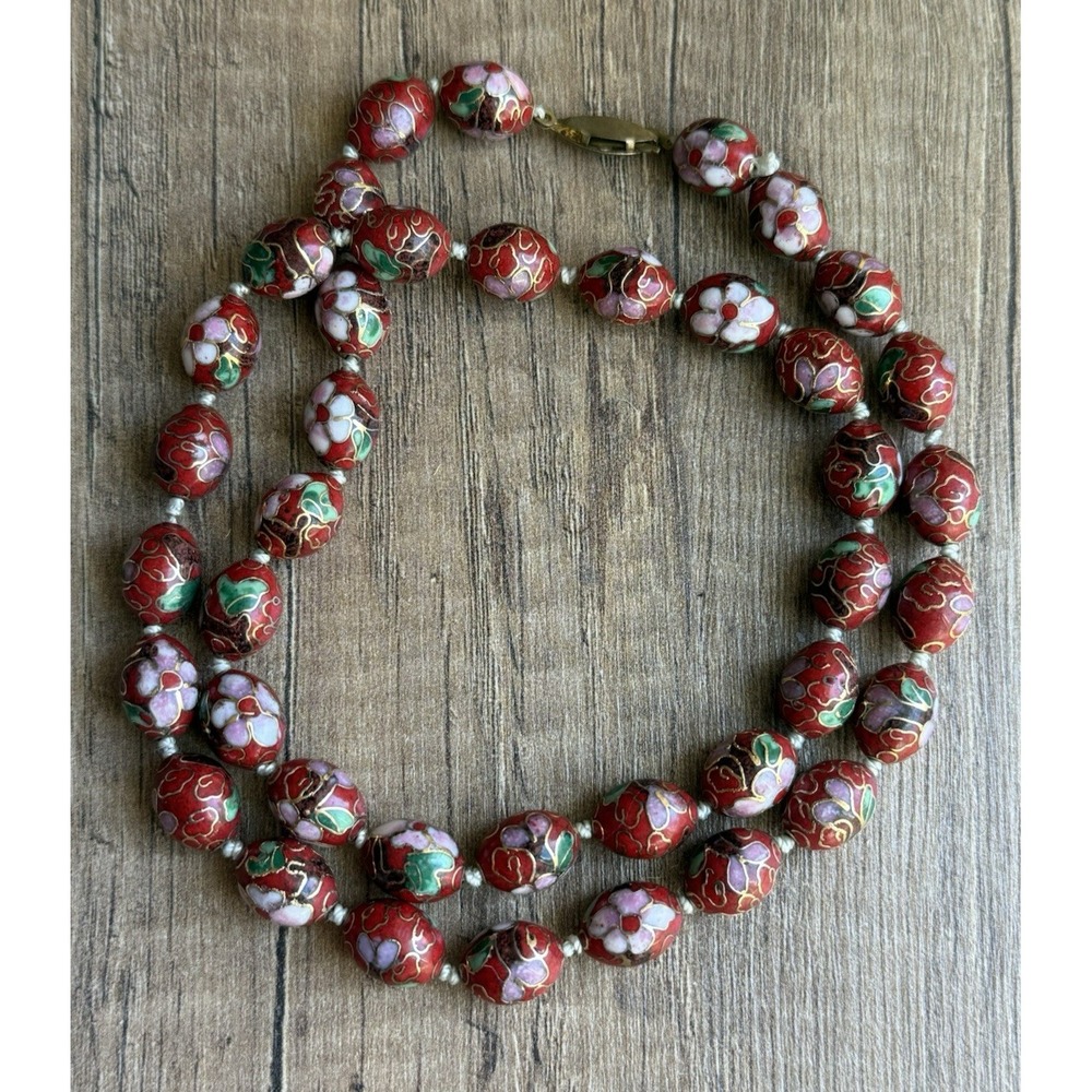 Vintage Chinese Cloisonné Hand Tied Red Enamel Gold Beaded Floral 24" Necklace